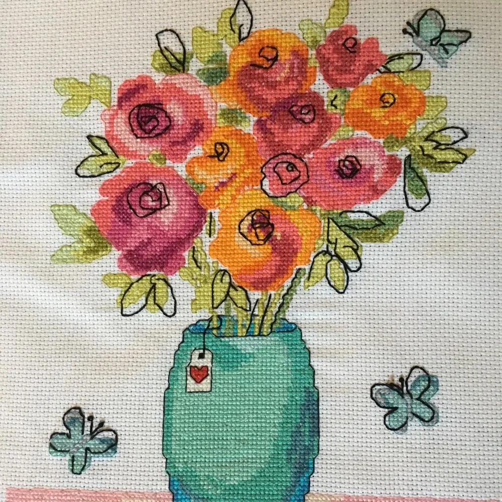 NEW hand sewn colorful flower bouquet wall art